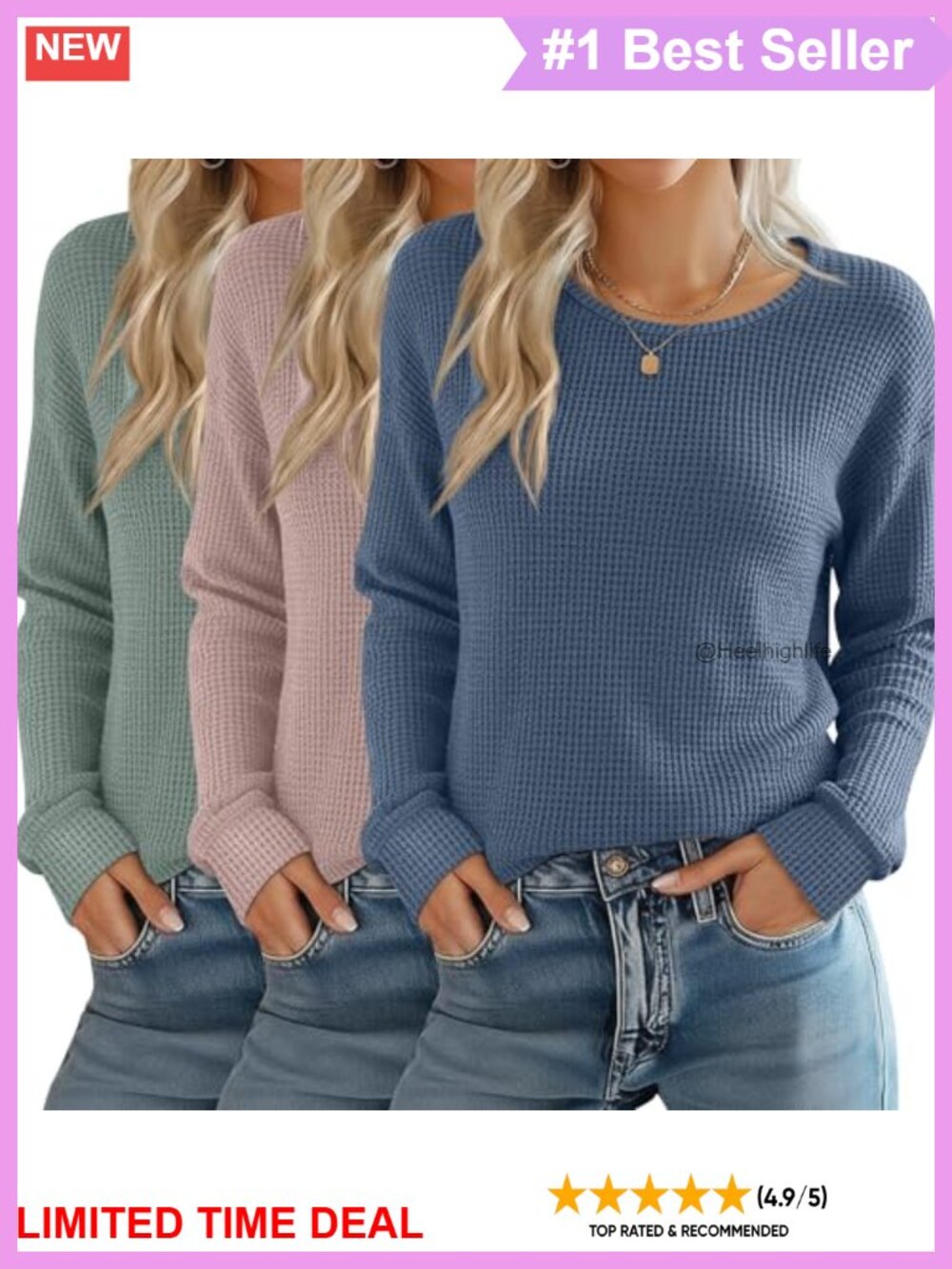 Waffle Knit Long Sleeve Crew Neck Thermal Top 3 Pack Women's Casual Tee